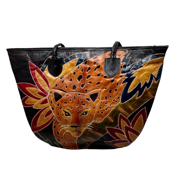 Nobrand Handbags - 1980’s Vintage Leather Leopard Applique Stitched Tote India